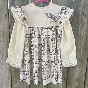 Vintage 70s Girls Cottagecore Prairie Dress Ivory Lace Trim Size 6 JC Penney